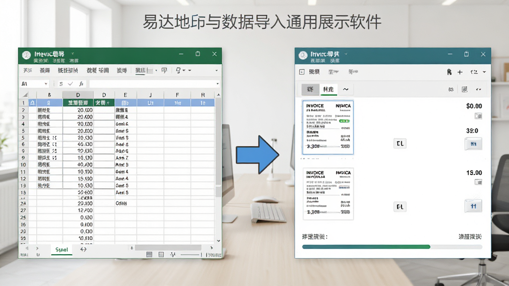 批量打印与数据导入功能展示图,画面为易达地方税务发票通用打印软件的数据导入界面,左侧是Excel表格数据源,右侧是生成的发票列表,中间有导入箭头连接,背景为浅色办公环境,布局分栏清晰,排版整洁,风格为商务科技风,细节包括表格数据行、发票缩略图、进度条,画质高清,干净,无多余元素