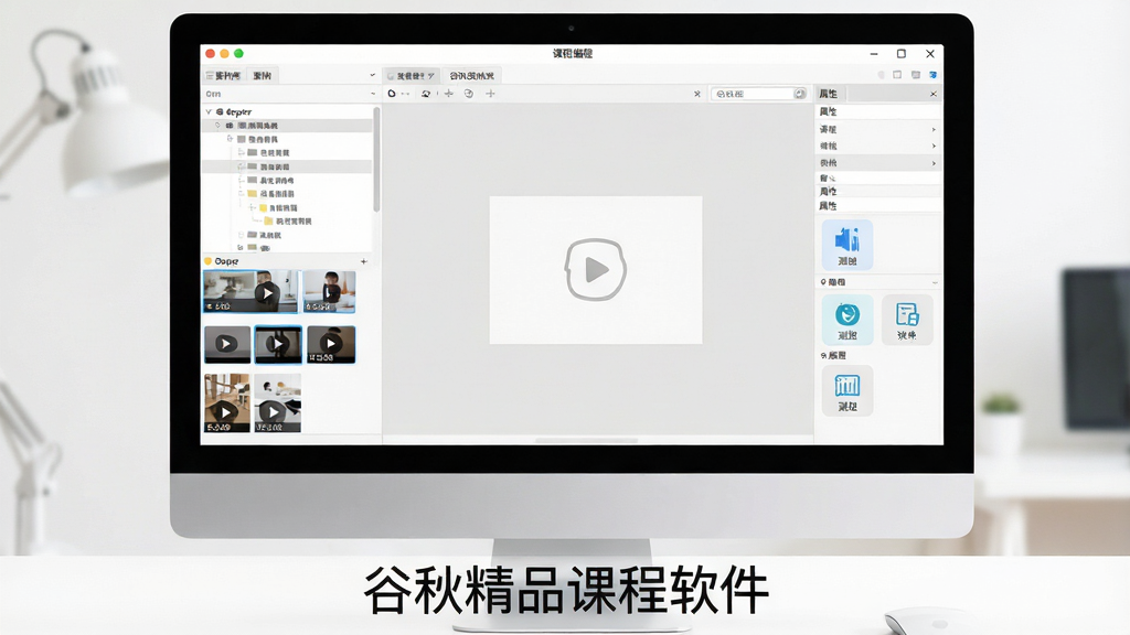 一张展示谷秋精品课程软件主界面的全景图,主体为电脑屏幕中打开的课程编辑软件界面,布局分为左侧素材库、中间课程画布、右侧属性面板,排版整洁有序,风格为现代简约商务风,细节包括课程章节树、视频缩略图、测验模块图标,画质清晰干净无多余元素,屏幕下方有软件名称