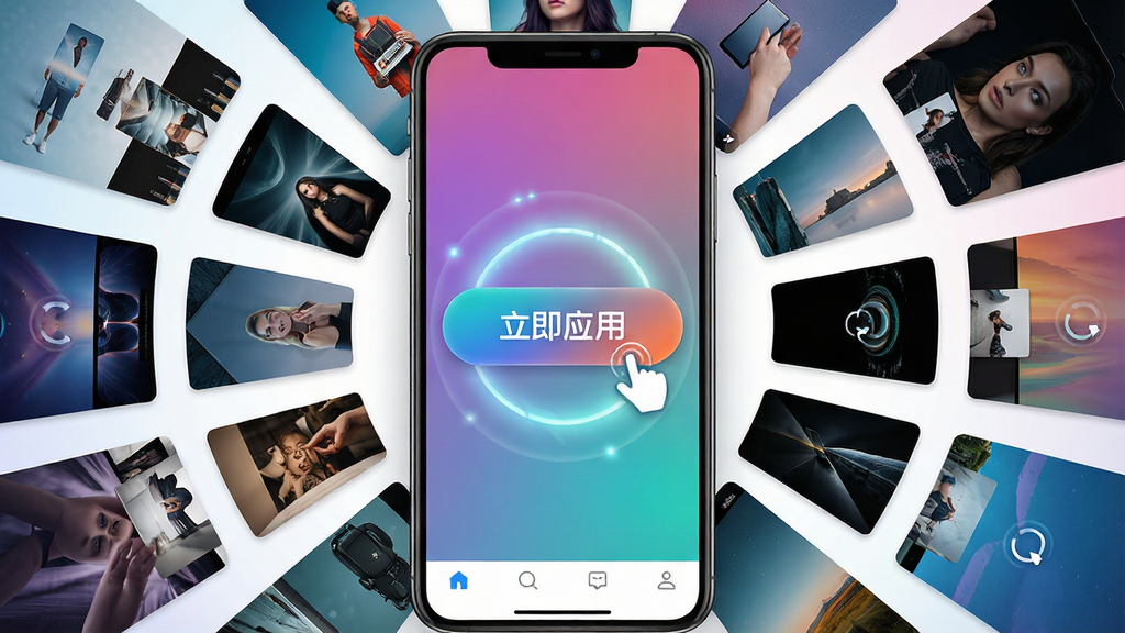 免费主题壁纸组件一键应用功能展示,主体为手机屏幕中央悬浮一个“立即应用”按钮,按钮周围环绕各类壁纸缩略图,布局采用放射状构图,风格为科技感渐变风格,细节包括点击动效光晕、壁纸预览小图、底部导航栏,画质高清,干净,无多余元素