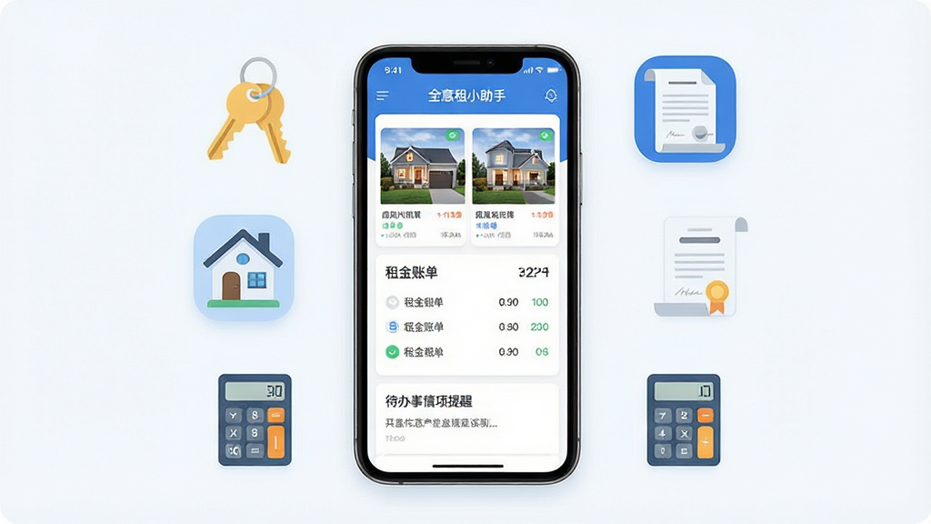 一张展示全意租小助手软件界面的手机应用宣传图,画面中央是一部竖屏智能手机,屏幕上显示着全意租小助手的首页界面,包含房源卡片、租金账单列表和待办事项提醒模块,手机周围环绕着钥匙、房屋、合同、计算器等与租赁相关的扁平化图标元素,整体布局简洁有序,风格为现代科技感与商务感结合,细节上界面配色以蓝白为主,图标圆润清晰,画质高清,干净,无多余元素