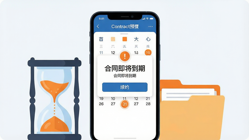 一张展示全意租小助手合同到期预警功能的手机界面图,画面中央为一部手机,屏幕上显示着合同到期提醒弹窗和日历标记界面,弹窗内有“合同即将到期”的提示文字和续约按钮,手机旁边有一个沙漏和一份合同文件夹,整体布局居中对称,风格为扁平化商务插画风,细节上配色以橙色和蓝色为主,提醒元素醒目,画质高清,干净,无多余元素