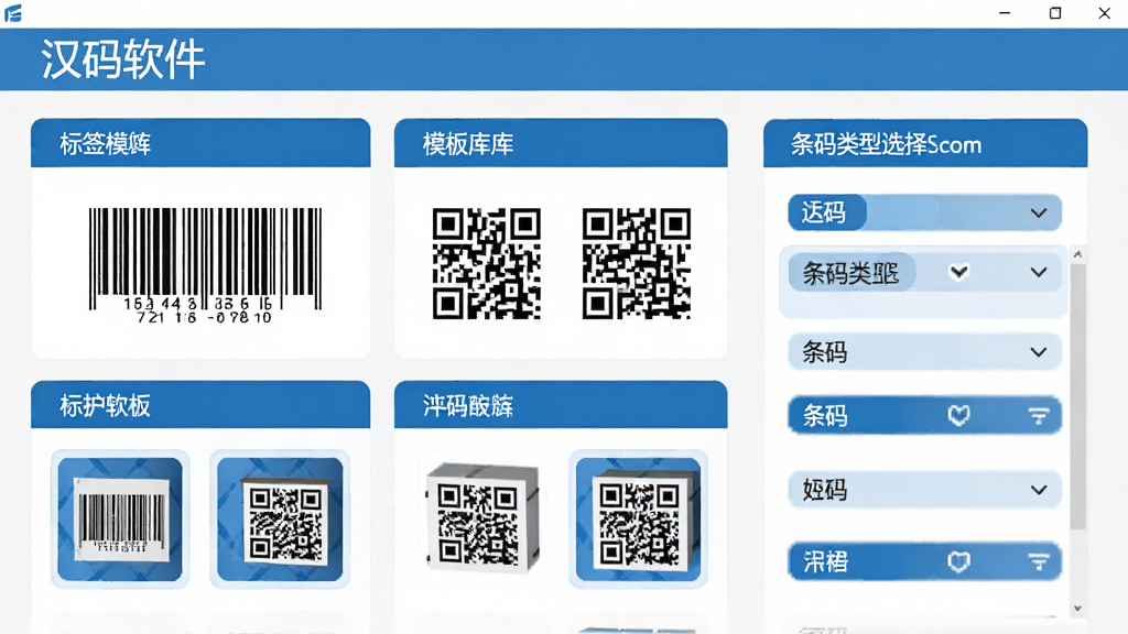 主体是汉码软件功能界面,布局为功能模块网格排列,排版展示标签模板库与条码类型选择面板,风格为扁平化设计,细节包括条码图形、二维码图案、模板缩略图、蓝色主色调,画质高清,干净无多余元素