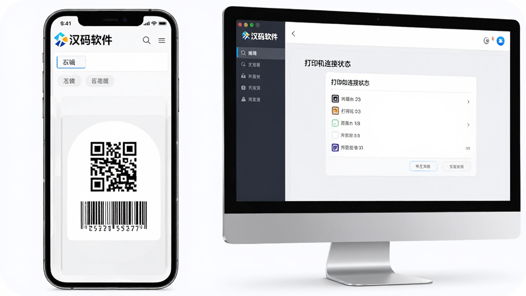 主体是汉码软件界面展示,布局为手机和电脑双端并排,排版左侧手机显示标签编辑页面右侧电脑显示打印机连接状态,风格为科技简约风,细节包括标签纸上印有二维码和条形码、软件logo清晰可见、背景干净,画质高清1080p,干净无多余元素
