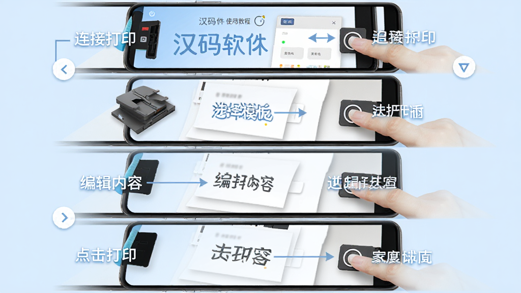 主体是汉码软件使用教程示意图,布局为手机屏幕分步骤展示,排版从上到下依次为连接打印机、选择模板、编辑内容、点击打印四个画面,风格为清新教学风,细节包括手指点击动作、界面标注清晰、背景淡蓝色,画质高清,干净无多余元素