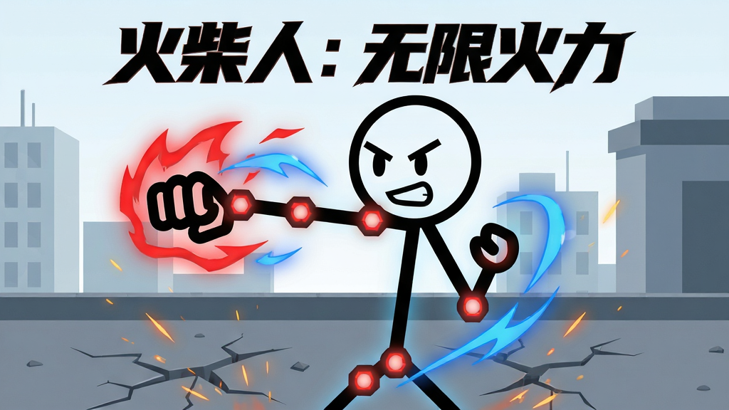画面中央是一个黑色线条绘制的火柴人战士,摆出蓄力出拳的姿势,周围环绕红色与蓝色的能量光效,背景是简约的都市天台场景,布局采用中心构图,火柴人占据画面主要位置,风格为扁平化卡通与动态光效结合,细节包括火柴人关节处的发光节点、地面裂纹、飘散的火花,画质清晰锐利,画面干净无多余元素,整体色调以黑红蓝为主,文字“火柴人:无限火力”以锐利字体悬浮于画面顶部。