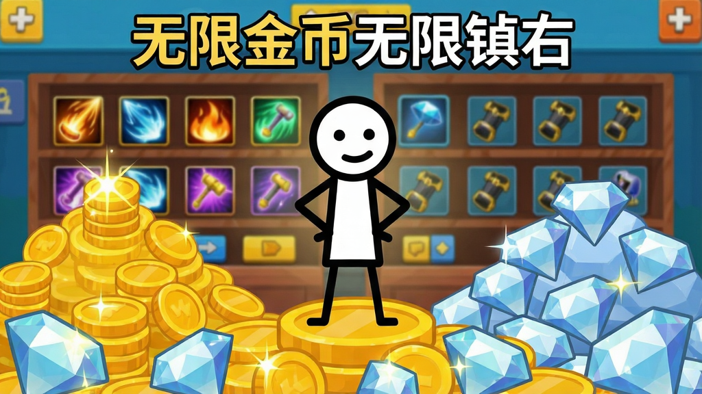 画面展示一个火柴人站在堆积如山的金币和钻石堆上,双手叉腰,背景是游戏内的商店界面,货架上摆满技能图标和装备,布局采用左右对称,左侧金币山右侧钻石山,火柴人居中,风格为卡通扁平化,细节包括闪烁的金币光泽、钻石的棱角反光、商店界面的按钮和标签,画质明亮鲜艳,画面干净无多余元素,顶部文字“无限金币无限钻石”。