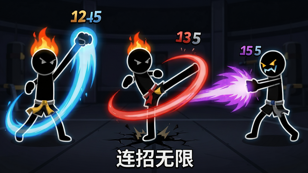 画面中三个火柴人分别处于不同战斗姿态,左侧火柴人释放升龙拳带出蓝色轨迹,中间火柴人踢出回旋腿带出红色轨迹,右侧火柴人发射能量波带出紫色轨迹,背景为深色训练场,布局采用横向排列,风格为动感卡通,细节包括技能轨迹的光晕、地面受击裂痕、空中飘浮的伤害数字,画质锐利,画面干净无多余元素,底部文字“连招无限”。