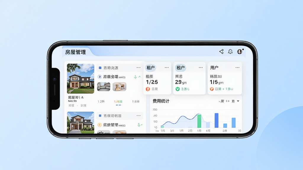 万顺王智慧管房软件主界面预览图,画面中央展示一部智能手机,手机屏幕上显示房屋管理应用界面,包含房源列表、租户信息卡片和费用统计图表,背景为浅蓝色渐变,整体风格简洁商务,画面干净清晰,无多余元素,高清画质