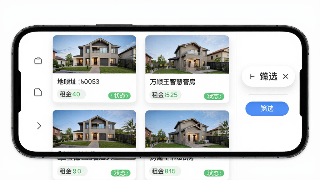 万顺王智慧管房房源管理功能界面展示图,画面中一部手机屏幕显示房源列表页面,包含多套房源卡片,每张卡片上有房屋地址、租金和状态标签,画面右侧有筛选按钮,整体布局清晰,风格简约现代,背景为白色,高清画质,干净无多余元素