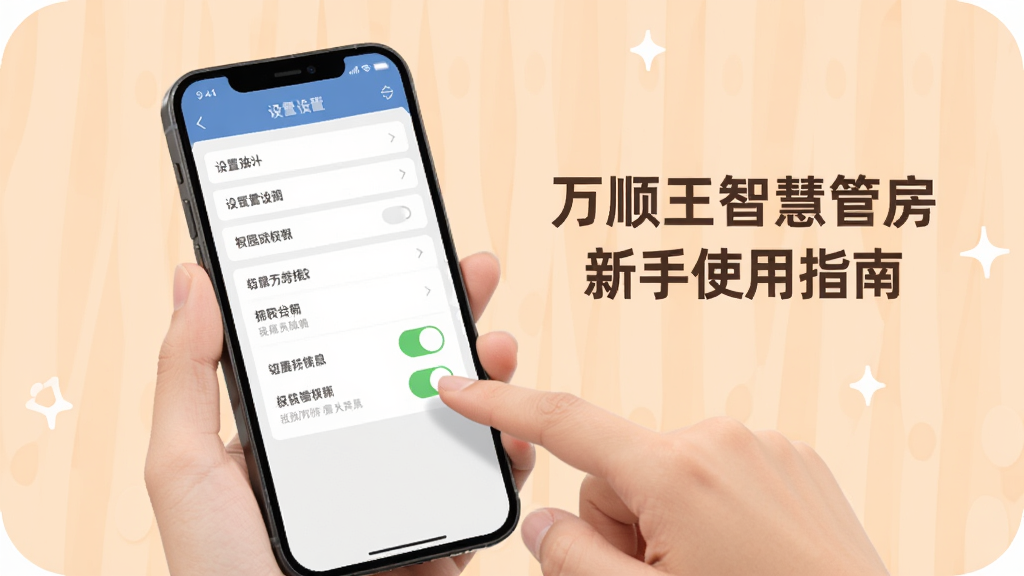 万顺王智慧管房新手使用指南示意图,画面展示一部手机和一只手正在操作屏幕,屏幕显示软件设置页面和权限开关,背景为柔和的浅橙色,风格亲切友好,高清画质,干净无多余元素