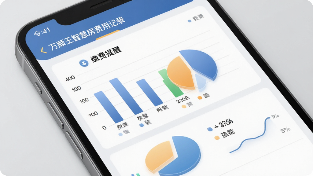 万顺王智慧管房费用记录与提醒功能界面图,手机屏幕显示费用统计图表和缴费提醒列表,图表包含柱状图和饼图,界面风格简洁商务,背景为浅灰色,高清画质,干净整洁