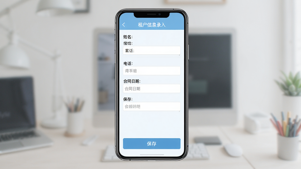 万顺王智慧管房租户档案管理界面预览图,手机屏幕展示租户信息录入页面,包含姓名、电话、合同日期等输入框,页面底部有保存按钮,画面风格清新浅色,布局整齐,高清画质,无多余元素