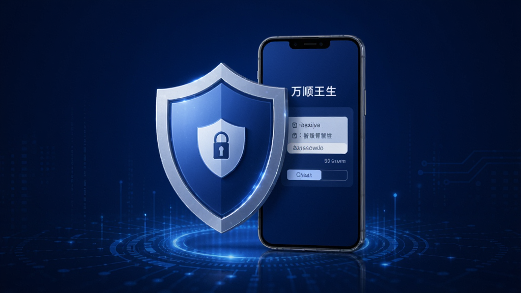 万顺王智慧管房数据安全功能展示图,画面中央展示一个盾牌图标与手机结合,手机屏幕显示密码输入界面,背景为深蓝色科技感渐变,风格稳重安全,高清画质,无多余元素