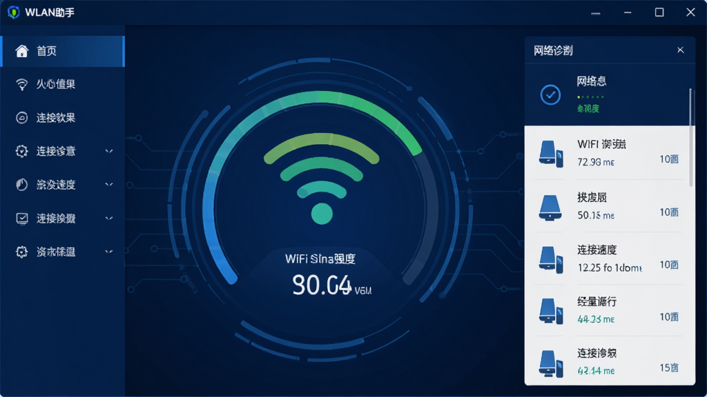 WLAN助手软件主界面截图,主体为深蓝色科技感仪表盘布局,中央显示WiFi信号强度与连接速度,左侧为功能菜单栏,右侧为网络诊断结果列表,排版清晰,风格简约现代,细节包含信号波形图与设备图标,画质清晰,干净无多余元素