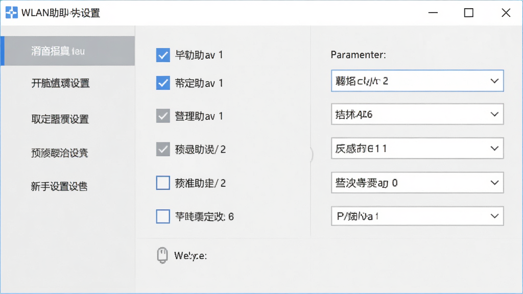 WLAN助手新手设置界面,主体为软件设置面板,布局为左侧选项卡右侧参数区,排版整齐,风格为浅灰色极简,细节包含复选框与下拉菜单,画质清晰,干净无多余元素