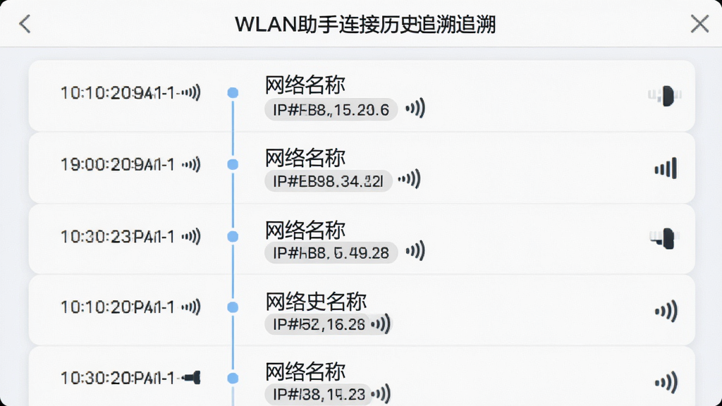 WLAN助手连接历史追溯界面,主体为时间轴列表,布局为垂直滚动式,排版左侧显示时间戳右侧显示网络名称,风格为浅色商务风,细节包含IP地址标签与信号图标,画质清晰,干净无多余元素