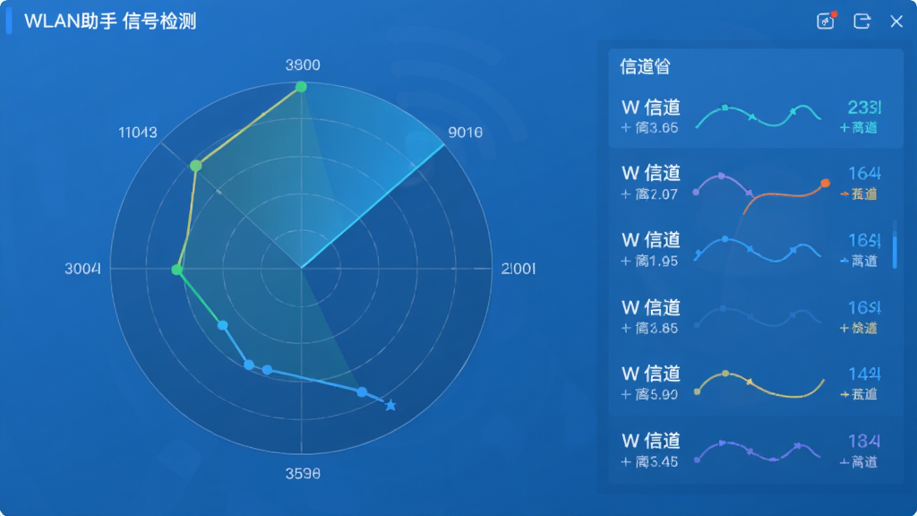 WLAN助手智能信号检测功能界面,主体为扇形信号雷达图,布局为中央圆形扫描区搭配右侧信道列表,排版采用左右分栏,风格为扁平化科技蓝,细节包含信号强度数值与信道曲线,画质高清,干净无多余元素