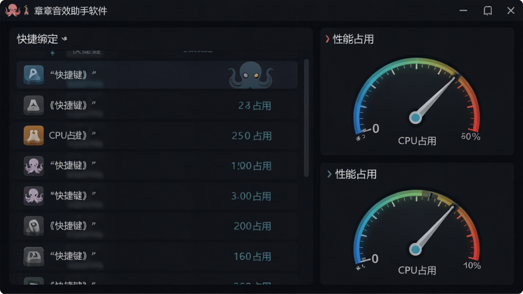 主体为章鱼音效助手软件设置面板,显示快捷键绑定列表与性能占用仪表盘;布局为左侧列表右侧仪表;排版清晰,文字使用引号标注“快捷键”“CPU占用”;风格为深色科技风;细节包括按键图标、仪表指针、章鱼标识;画质干净,无多余元素。