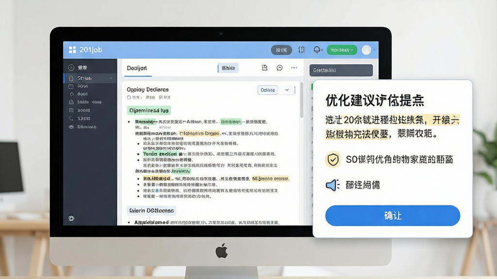 一张展示201job简历软件内容优化提示功能的图片,画面主体是电脑屏幕上的简历编辑界面,右侧弹出提示框,提示框内写有优化建议文字,界面风格清爽,布局为左侧编辑区右侧提示区,细节包括高亮关键词、建议图标、确认按钮,画质高清,干净,无多余元素