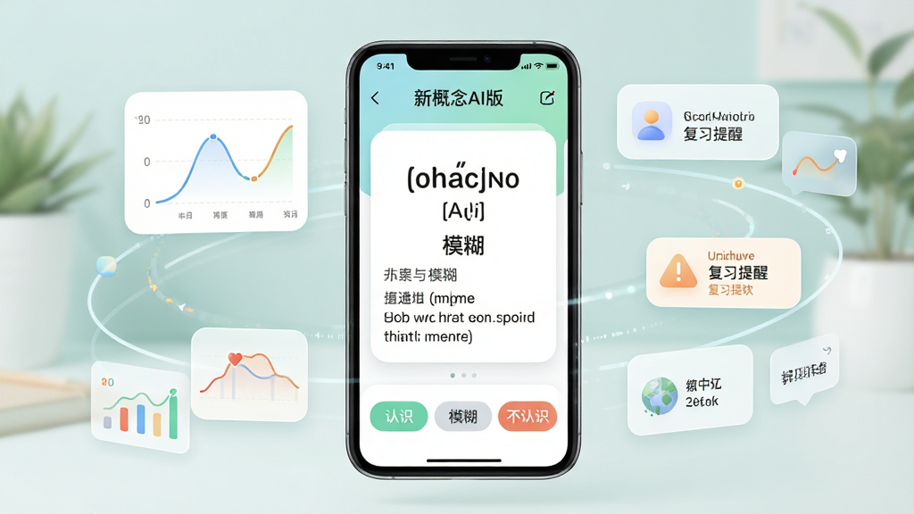 画面展示“新概念AI版”单词记忆模块,手机屏幕中显示单词卡片界面,包含英文单词、音标、中文释义和例句,卡片下方有“认识”“模糊”“不认识”三个按钮;手机周围漂浮记忆曲线图表和复习提醒图标;布局为手机居中,四周环绕数据元素;风格为清新学习风,细节包括柔和配色、圆角卡片、清晰字体;画质高清,干净,无多余元素