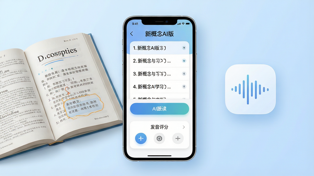 画面中央放置一部智能手机,手机屏幕显示“新概念AI版”英语学习界面,界面包含课文列表、AI跟读按钮和发音评分模块;手机左侧摆放一本翻开的英语教材,右侧悬浮AI语音波形图标;背景为浅蓝色渐变,布局左右对称,排版干净整洁;风格为现代科技教育风,细节包括柔和阴影、圆角图标、清晰文字标签;画质高清,干净,无多余元素