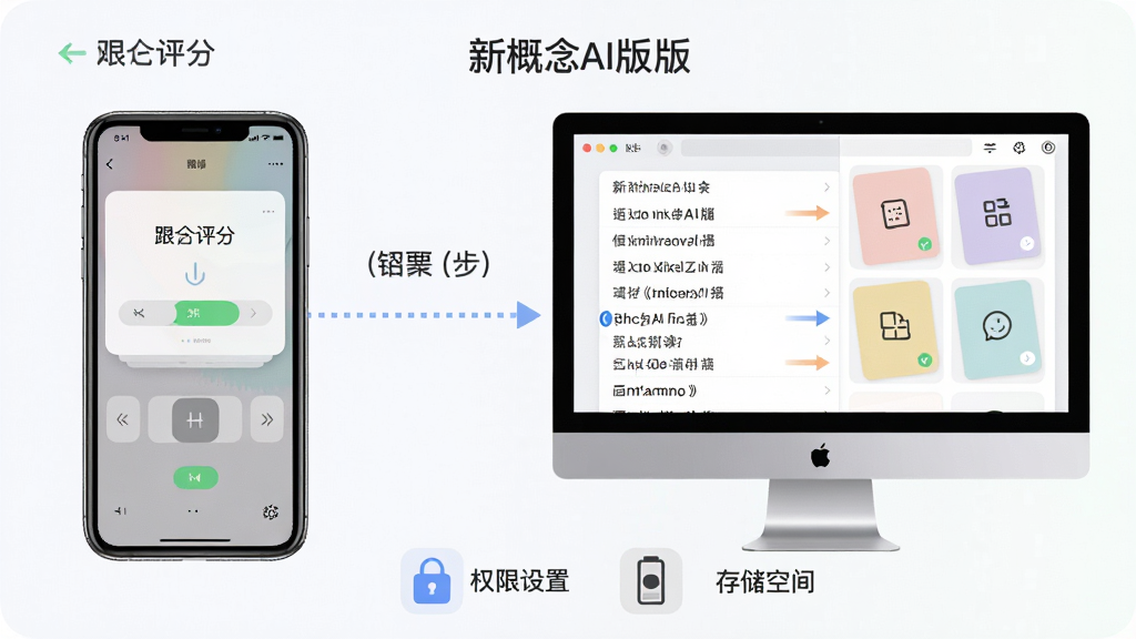 画面展示“新概念AI版”在手机和电脑模拟器上同时运行的场景,左侧手机显示跟读评分界面,右侧电脑屏幕显示课文列表和单词卡;中间用虚线连接表示数据同步;布局为左右分屏,下方有权限设置和存储空间的图标示意;风格为简洁教程风,细节包括清晰标注、柔和色块、箭头指示;画质高清,干净,无多余元素