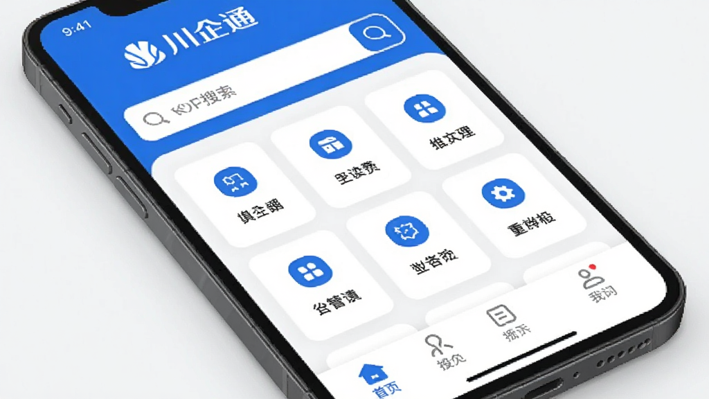 手机屏幕中显示川企通应用主界面,界面布局为顶部品牌标识与搜索栏,中部为功能图标网格排列,底部为导航菜单,风格为现代简约商务风,细节包含蓝色主色调与白色卡片式设计,画质清晰干净无多余元素