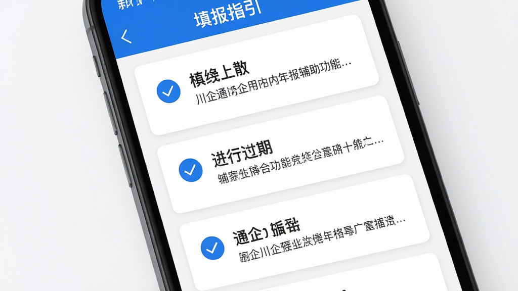 川企通应用内年报辅助功能页面,主体为手机屏幕显示填报指引列表,布局为纵向卡片式排列,排版清晰,风格为商务简洁,细节包含蓝色勾选图标与文字说明,画质清晰干净无多余元素