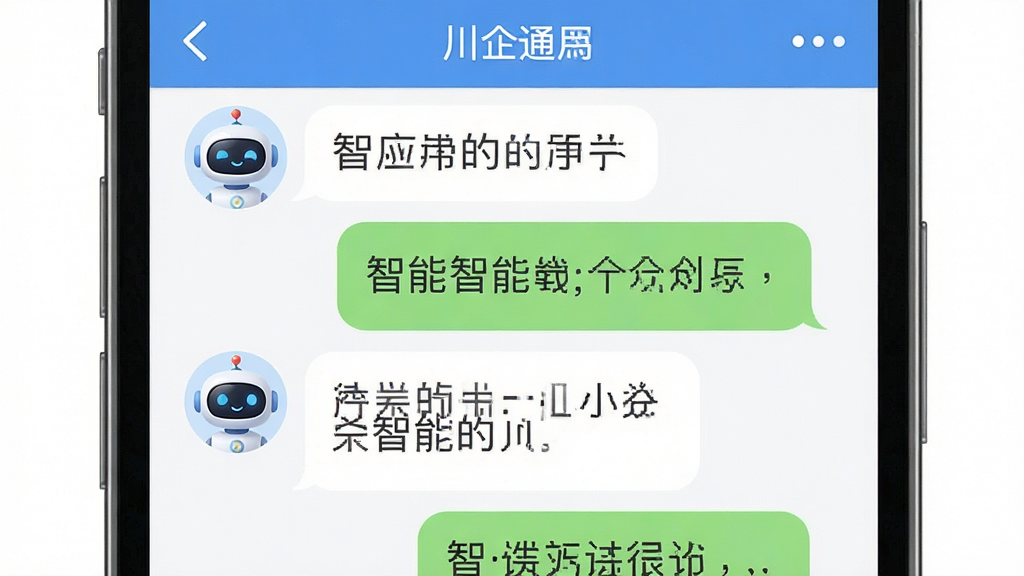 川企通应用内智能助手对话界面,主体为手机屏幕显示聊天式问答窗口,布局为上下对话气泡排列,排版自然,风格为友好亲切,细节包含机器人头像与文字气泡,画质清晰干净无多余元素
