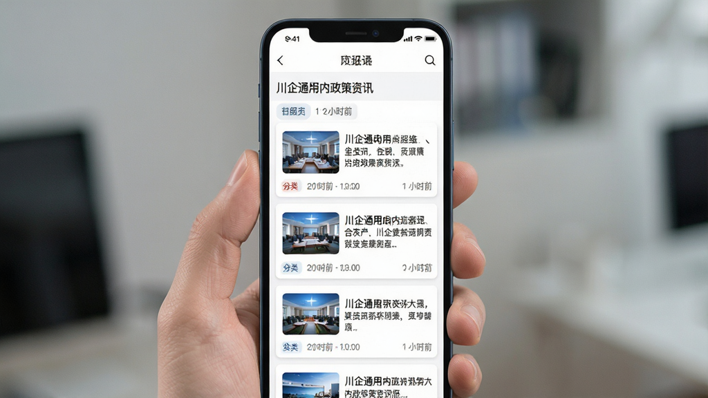 川企通应用内政策资讯列表页面,主体为手机屏幕显示新闻卡片列表,布局为纵向滚动排列,排版整齐,风格为资讯阅读类设计,细节包含分类标签与发布时间,画质清晰干净无多余元素