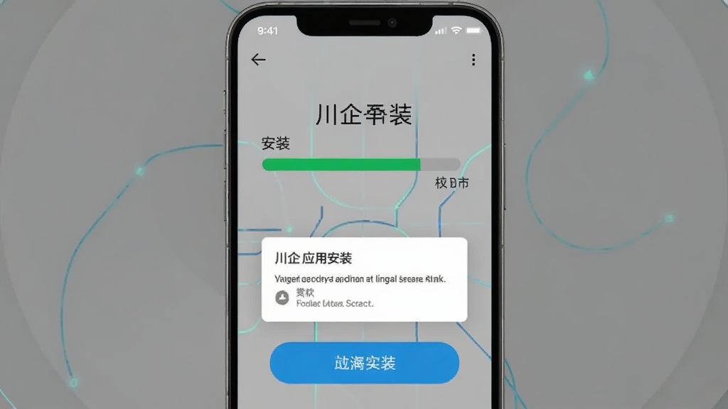 川企通应用安装在安卓手机上的操作示意图,主体为手机屏幕显示安装进度条,布局为居中展示,排版简洁,风格为科技感设计,细节包含安装按钮与权限提示弹窗,画质清晰干净无多余元素