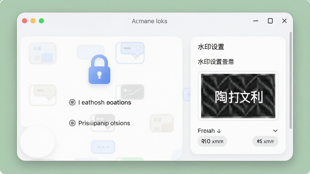 一张展示淘打文档安全设置界面的图片,画面中软件窗口显示隐私保护选项和水印设置面板,界面风格为柔和圆角,细节包括安全锁图标、水印预览效果,画质高清,干净,无多余元素