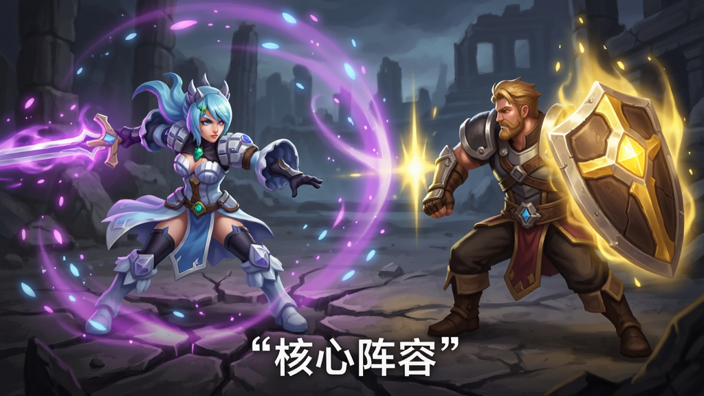 主体为剑与远征英雄雪米拉与卢修斯并肩作战的场景,布局为横向构图,左侧雪米拉释放紫色范围技能,右侧卢修斯举起盾牌散发金色光芒,排版上技能特效占据画面主体,风格为欧美奇幻战斗插画,细节包括地面裂纹、光效粒子、背景废墟,画质为电影级,干净无多余元素,画面下方打上引号文字“核心阵容”。