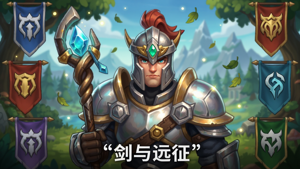 画面主体为剑与远征游戏中的经典英雄角色,半身像特写,背景为伊索米亚大陆的奇幻森林与远山,布局采用中心对称构图,英雄位于画面正中央,四周环绕着七大阵营的旗帜与符文,排版简洁大气,风格为欧美玻璃彩绘与卡通渲染结合,细节上英雄盔甲有金属光泽,法杖顶端镶嵌发光宝石,背景有飘落的树叶与光点,画质为4K高清,干净无多余元素,画面中下方打上引号文字“剑与远征”。