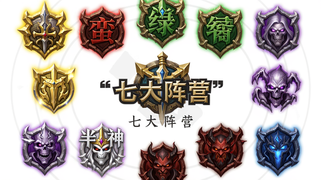 主体为剑与远征七大阵营的徽章与代表英雄头像环绕排列,布局为圆形环绕构图,中心为游戏LOGO,排版整齐有序,风格为欧美奇幻徽章设计,细节上每个阵营徽章颜色不同,耀光为金色、蛮血为红色、绿裔为绿色、亡灵为紫色、半神为白色、恶魔为暗红、虚空为蓝色,画质高清,干净无多余元素,画面中央打上引号文字“七大阵营”。