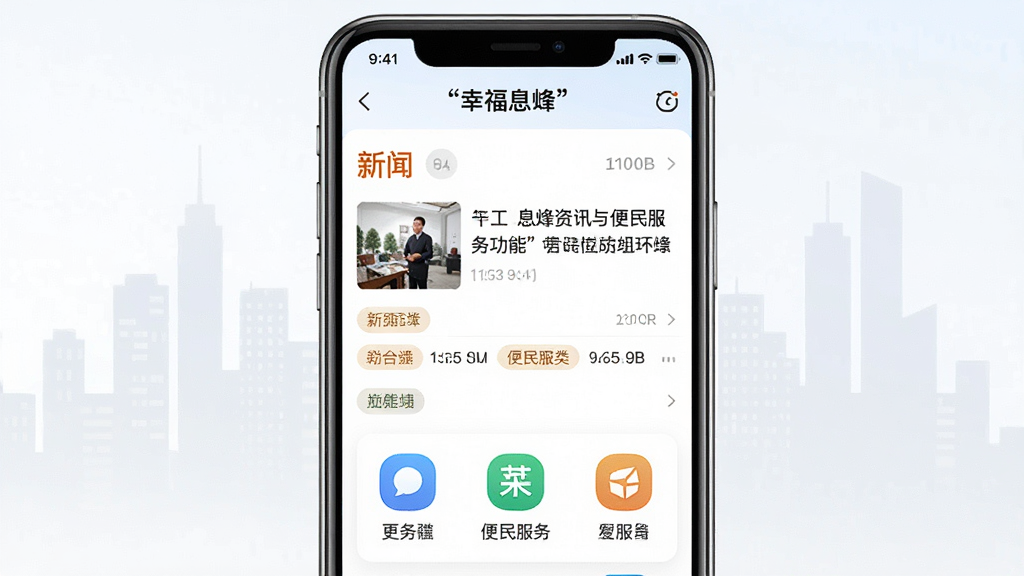 一张展示幸福息烽资讯与便民服务功能的生图,主体为手机屏幕显示新闻列表和便民服务图标,布局为手机居中,背景有淡淡的城市剪影,排版清晰,风格为现代简约,细节包括时间戳、分类标签、服务图标,画质干净,无多余元素,图片中文字使用引号标注“幸福息烽”