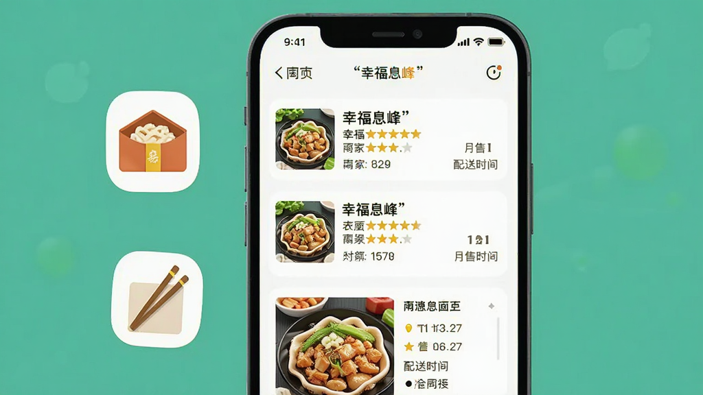 一张表现幸福息烽外卖点餐流程的AI生图,主体是手机屏幕显示外卖商家列表和菜品详情,布局为手机居中,左侧漂浮着餐盒和筷子的小图标,排版简洁,风格为扁平化插画,细节包括商家评分、月售数量、配送时间等元素,画质干净,无多余元素,图片中文字使用引号标注“幸福息烽”