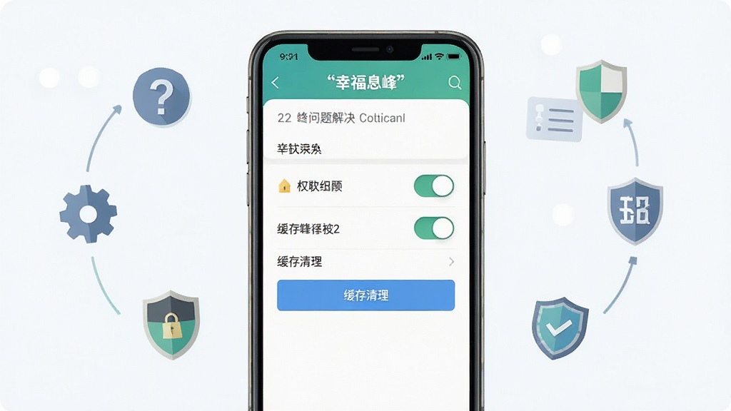 一张展示幸福息烽使用技巧与问题解决的生图,主体为手机屏幕显示设置页面和帮助中心,布局为手机居中,周围有问号、齿轮、盾牌等小图标,排版清晰,风格为扁平化科技风,细节包括权限开关、缓存清理按钮,画质干净,无多余元素,图片中文字使用引号标注“幸福息烽”