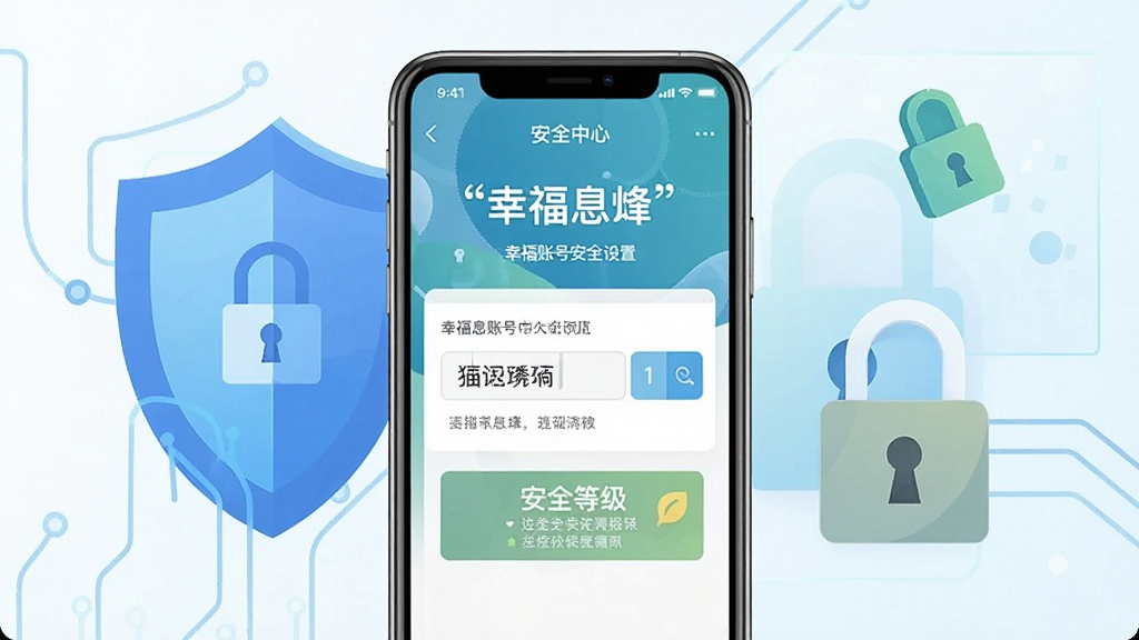 一张展示幸福息烽账号安全设置的生图,主体为手机屏幕显示安全中心页面,布局为手机居中,背景有盾牌和锁的抽象图形,排版简洁,风格为科技感扁平风,细节包括验证码输入框、安全等级提示,画质干净,无多余元素,图片中文字使用引号标注“幸福息烽”