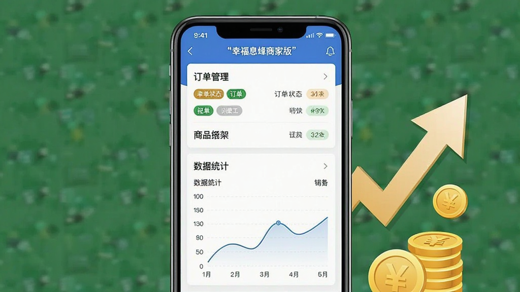 一张表现幸福息烽商家版管理界面的生图,主体为手机屏幕显示订单管理、商品上架、数据统计等模块,布局为手机居中,旁边有上升的箭头和金币图标,排版整齐,风格为商务简约,细节包括订单状态标签、销售曲线,画质干净,无多余元素,图片中文字使用引号标注“幸福息烽商家版”