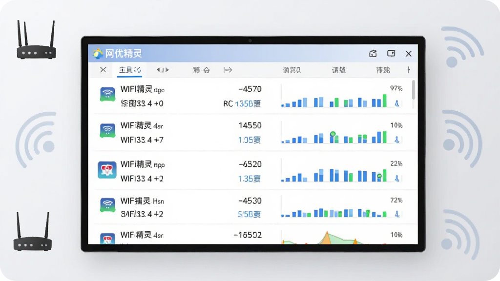 横版构图,画面展示“网优精灵”WiFi分析功能界面,屏幕中列出多条WiFi热点信息及信号强度柱状图,背景为浅灰色简约风格,周围点缀路由器、信号波纹图标,排版清晰,写实风格,高清画质,画面干净无多余元素