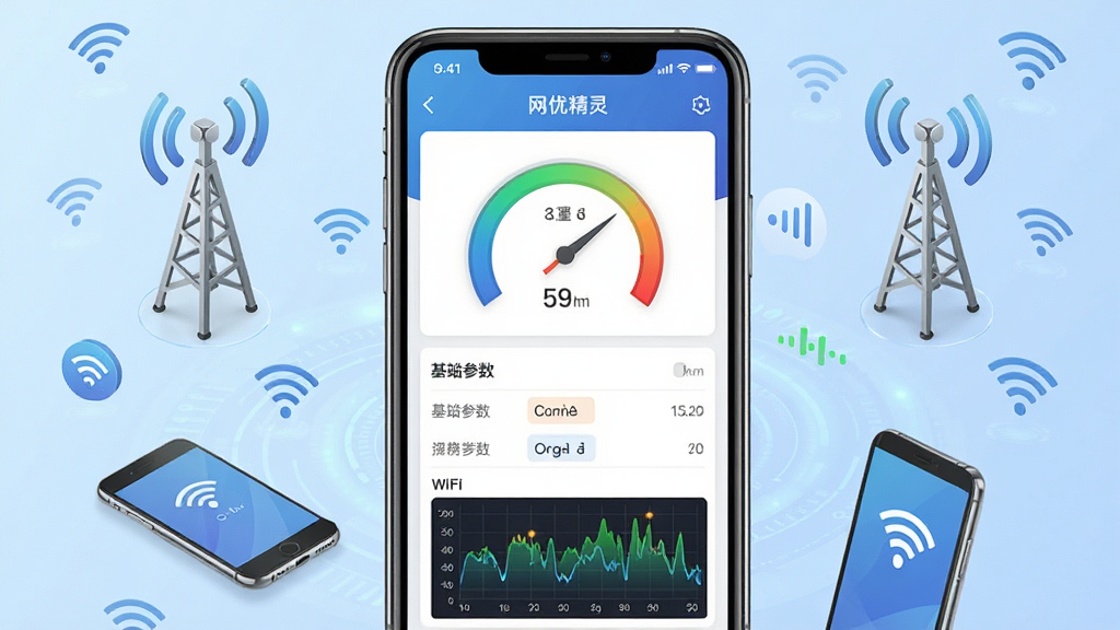 手机屏幕竖版构图,画面中央展示“网优精灵”应用主界面,界面中显示信号强度仪表盘、基站参数列表和WiFi信号波形图,背景为淡蓝色科技渐变风格,周围环绕信号塔、手机、WiFi图标等元素,排版干净整齐,写实UI风格,细节清晰,高清画质,画面干净无多余元素