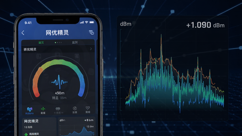横版构图,画面左侧为一部智能手机显示“网优精灵”信号强度监测界面,右侧为放大的信号波形图和dBm数值标注,背景为深蓝色科技网格纹理,风格简洁现代,色彩对比鲜明,高清画质,干净无多余元素