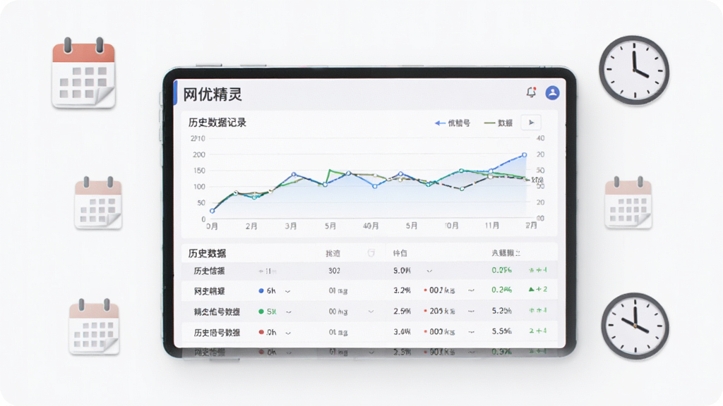 竖版构图,画面展示“网优精灵”历史数据记录页面,屏幕中呈现折线图和列表形式的历史信号数据,背景为白色简洁风格,点缀日历和时钟图标,排版规整,写实UI风格,高清画质,干净无多余元素