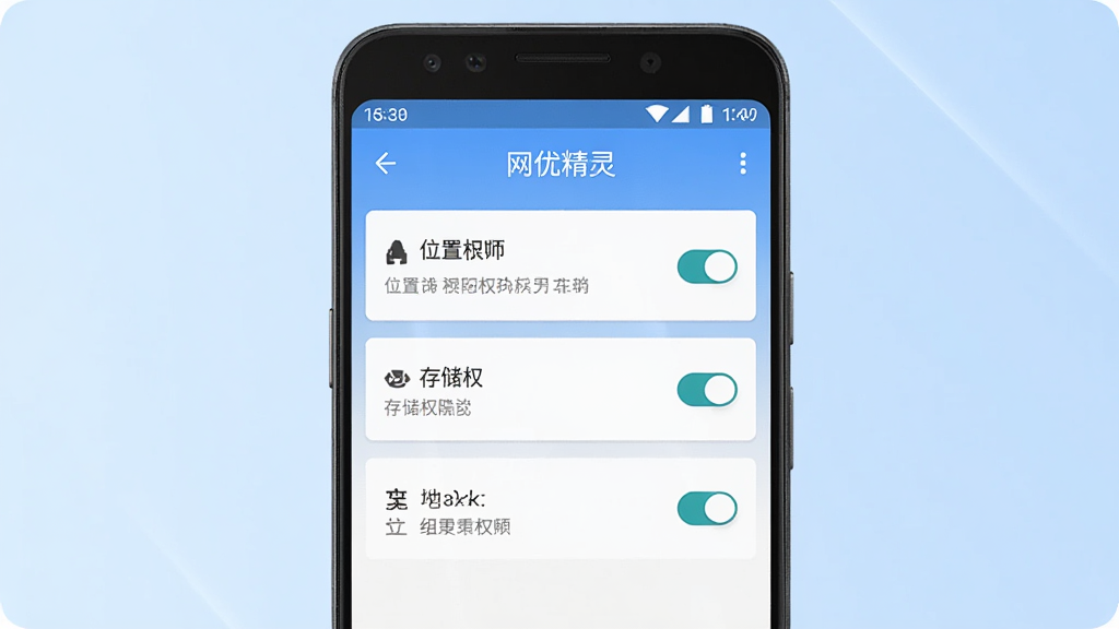 竖版构图,画面展示“网优精灵”在安卓手机上的权限设置界面,屏幕中显示位置权限、存储权限等开关选项,背景为浅蓝色渐变,风格简洁清晰,写实UI风格,高清画质,干净无多余元素