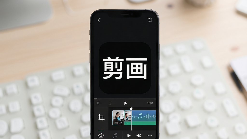 剪画软件主界面展示,手机屏幕中显示视频时间轴与剪辑工具栏,背景为浅色工作台,画面中央有“剪画”文字标识,整体布局清晰,风格简约科技感,细节包括裁剪图标、滤镜缩略图、音乐波形,画质高清,干净,无多余元素