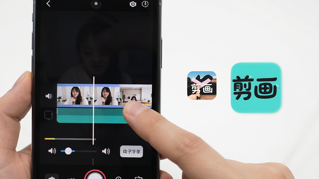 剪画移动端操作场景,手机屏幕中显示视频时间轴与手指拖拽动作,旁边有“剪画”标识,布局简洁,风格生活化,细节包括音量调节条与字幕按钮,画质高清,干净,无多余元素