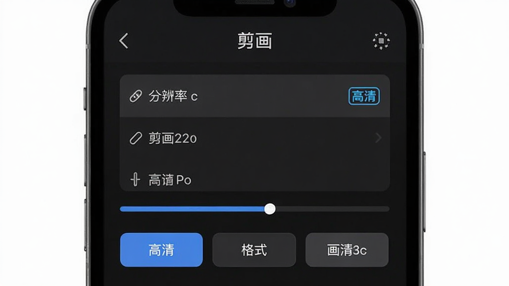 剪画导出设置界面,手机屏幕中显示分辨率选项列表与进度条,顶部有“剪画”字样,布局清晰,风格简约商务,细节包括高清标识与格式选择按钮,画质高清,干净,无多余元素