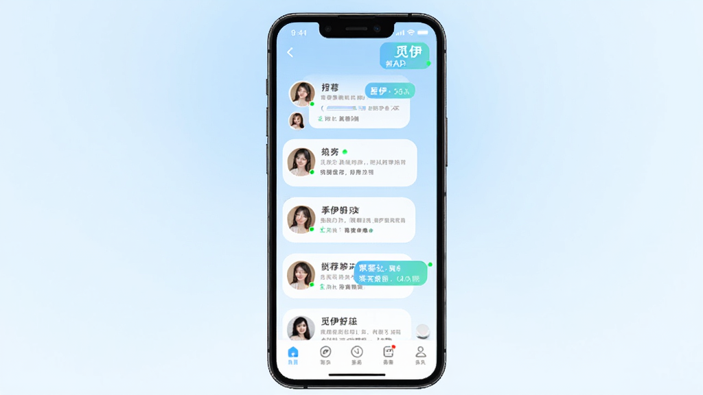 觅伊社交聊天应用主界面展示,手机屏幕竖版构图,画面中央为觅伊APP的推荐好友列表与聊天气泡,背景为浅蓝渐变,风格清新简洁,细节包括头像圆角卡片、在线状态小绿点、底部导航栏图标,画质高清,干净,无多余元素