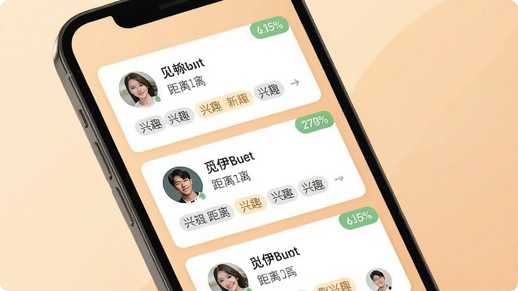 觅伊智能匹配推荐界面,手机屏幕特写,画面中显示多个用户卡片以瀑布流形式排列,每张卡片包含头像、昵称、距离和兴趣标签,背景为柔和暖色调,风格现代简约,细节有匹配度百分比小标签,画质清晰,干净,无多余元素